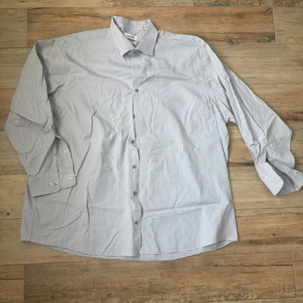 Calvin Klein Big Performance Non-Iron Dress Shirt 18½ 34/35 Blue Check
